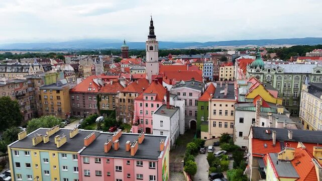 city center old town drone flight over Swidnica Poland