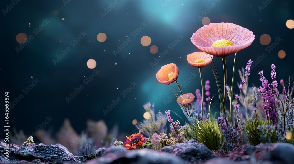 Poster beautiful pink poppies against a dreamy background with soft bokeh and botanical elements in nature 
