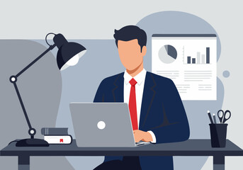 Professional Businessman Working on Laptop in Office, Analyzing Data, Business and Finance Concept, Vector Illustration