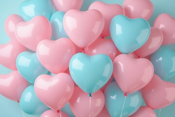 Pink and blue heart balloons; romantic, festive background