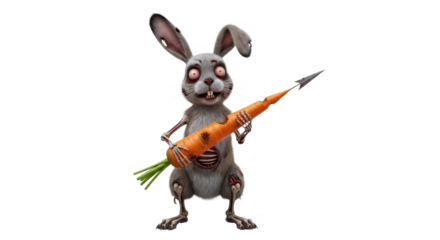 A menacing zombie bunny, holding a carrot spear, with a scary, undead appearance.