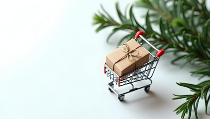 Miniature Shopping Cart Carrying Wrapped Gift Boxes in Festive Decor

