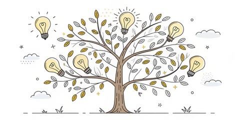 Idea Tree Line Art Illustration of Innovation and Creativity, Lightbulb Tree Concept, Graphic Innovation, Creativity