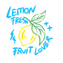 Fresh yellow lemon print. Lemon love club design. Summer fruit club poster. Organic food artwork for for t-shirt. Lemon fruit artwork.
