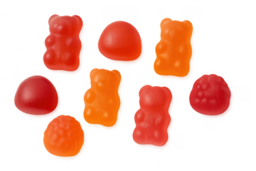 Colorful gummy bears and fruit candies on transparent background