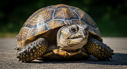 Obraz premium Detailed closeup of a tortoise with a patterned carapace scaly skin and a direct gaze.