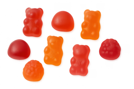 Colorful gummy bears and fruit candies on transparent background