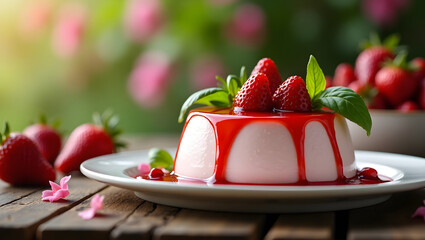 Strawberry Panna Cotta Dessert with Fresh Mint and Strawberry Sauce

