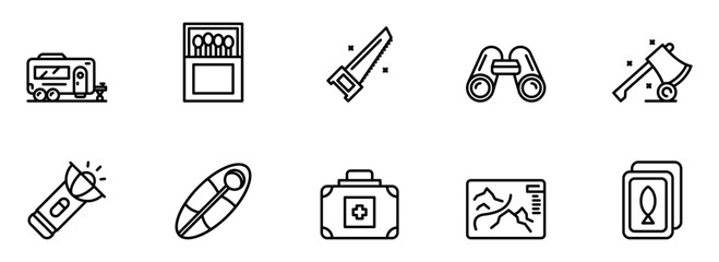 Camping and Hiking Essentials: Line Art Icons Set;  Adventure, Travel, and Outdoor Recreation Symbols;  Black and White Minimalist Style;  Simple, Clean Design for Web or App.