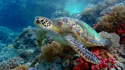 A green sea turtle drifting close to the vibrant coral reef scene (3)
