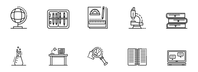 Modern Line Art Icons: Education, Science, Research, and Technology Symbols;  Global Learning, Experimentation, and Digital Communication Concepts.