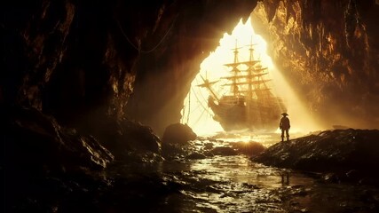 A vivid portrayal of a ship in a cavernous setting, bathed in a golden hue. The ship, with its intricate details, is the central focus.