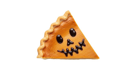 A single slice of pumpkin pie decorated with a spooky face for Halloween.