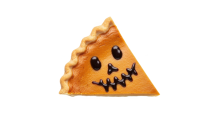 A single slice of pumpkin pie decorated with a spooky face for Halloween.