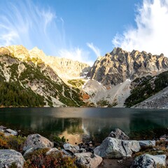 Obraz premium Serene alpine lake nestled between rugged mountains, reflecting a vibrant sunset sky