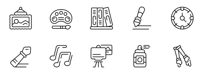 Collection of ten minimalist line art icons: painting, music, books, time, design tools, and more; perfect for website, app, or presentation design.