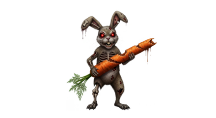 A terrifying zombie bunny, with glowing red eyes, clutching a partially eaten carrot.