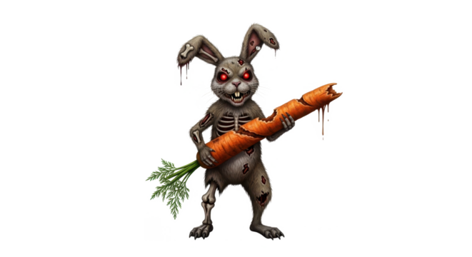A terrifying zombie bunny, with glowing red eyes, clutching a partially eaten carrot.