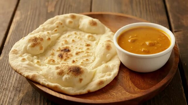 Freshly baked naan bread served with a bowl of savory Indian curry on a wooden plate.