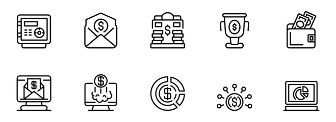 Ten Modern Line Icons: Finance, Banking, Investment, and Wealth Symbols for Business and Financial Concepts.
