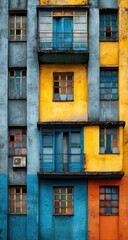 Weathered multi-story building facade with teal, yellow, and orange painted walls, featuring rows of windows and balconies, showing signs of age and disrepair