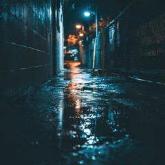 A dark, wet alleyway at night.  Reflective puddles gleam under soft streetlights