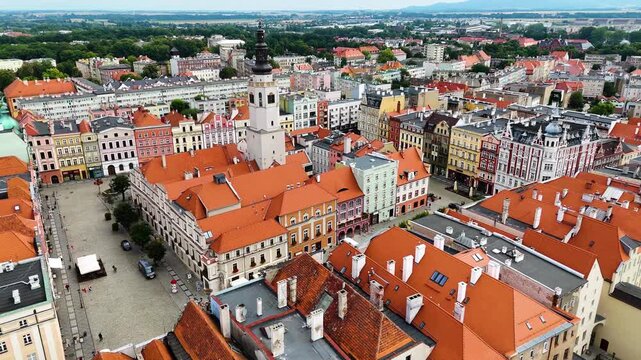 city center old town drone flight over Swidnica Poland