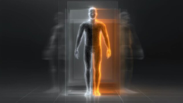 Sharp BMI chart details occupy center frame set against a diffused bodyfat scanner figure reflecting differences in assessing body composition accuracy.