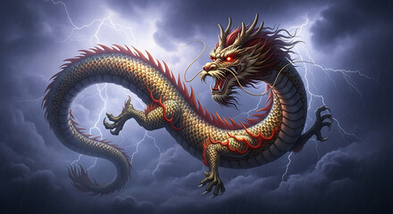 Fototapeta premium Majestic Asian Dragon with Red Eyes and Fiery Details Soaring.