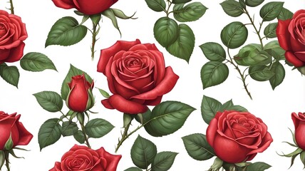 Symmetrical Red Rose and Foliage Floral Wallpaper