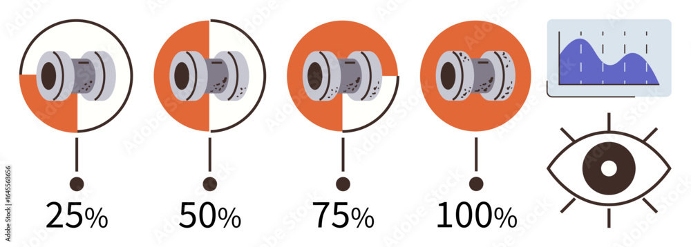 Poster mechanical parts displayed with incremental percentage progress visuals 25, 50, 75, 100 and a data a