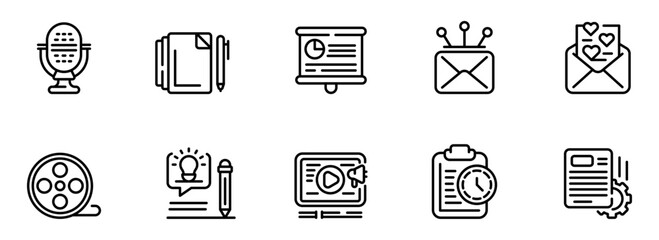 Modern Minimalist Line Icons: Content Creation, Marketing, Communication, and Project Management Symbols.