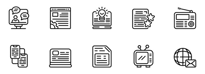 Modern Minimalist Line Icons: Communication, Media, and Technology;  Website, Mobile, Broadcast, and Global Networking Concepts; Clean, Simple, and Professional Design.