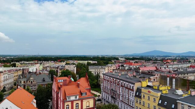 city center old town drone flight over Swidnica Poland