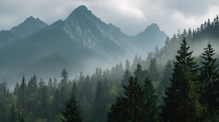 Distant mountains peaking above the forest, shrouded in morning mist (2)