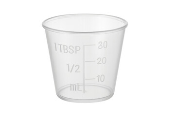 Empty transparent plastic measuring cup isolated on checkered background