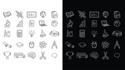 Set of colorful school icons featuring books, pencils, rulers, backpacks, and learning symbols, perfect for education and academic design projects.