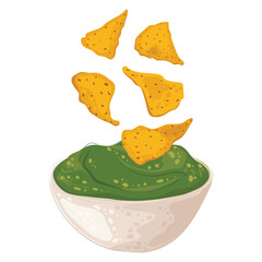Nachos with spicy avocado, guacamole sauce in bowl. Quick crispy snack of traditional Mexican cuisine. Vector image for packaging snacks, fast food, menu, decor, design and banners.
