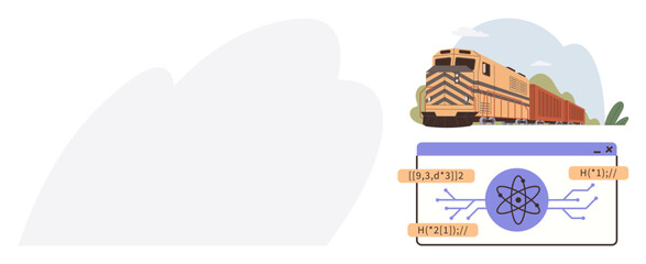 Freight train moving near green hills beside a digital window displaying atomic diagrams and equations. Ideal for science, logistics, transport, sustainability, education, technology, simple landing