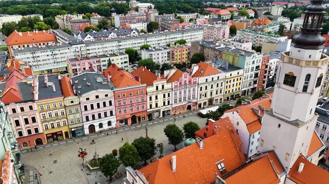 city center old town drone flight over Swidnica Poland