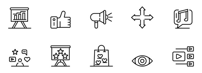 Modern Line Icons: Marketing, Social Media, Branding, and Multimedia Strategy Presentation.