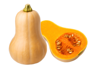 A butternut squash with a stem and a sliced butternut squash with seeds on a black background