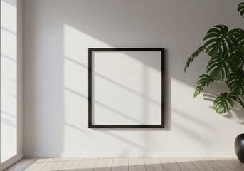 Minimalist Interior with Empty Black Frame on Textured Wall, Natural Light and Monstera Plant