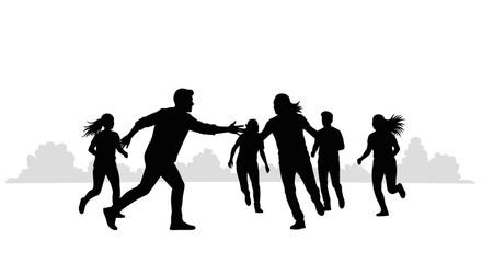 Obraz premium reaching out silhouette of people running and reaching for help teamwork and support concept