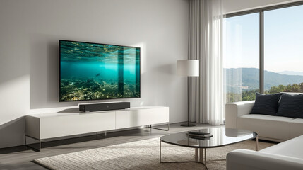 Modern Minimalist Living Room Interior with Television Display and Sofa Seating