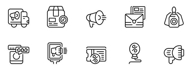 Modern Marketing Icons:  Clean Line Art Style,  Delivery, Promotion, Email, Reviews, Discount, and Advertising Concepts for Business Websites and Presentations.