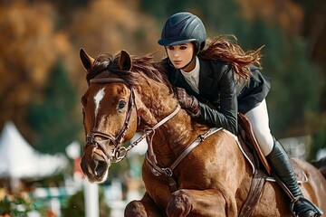 Obraz premium Young jockey riding brown horse during equestrian competition
