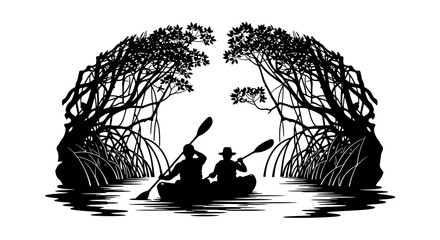 two kayakers exploring a serene mangrove estuary a black and white silhouette illustration perfect for ecotourism adventure and relaxation designs