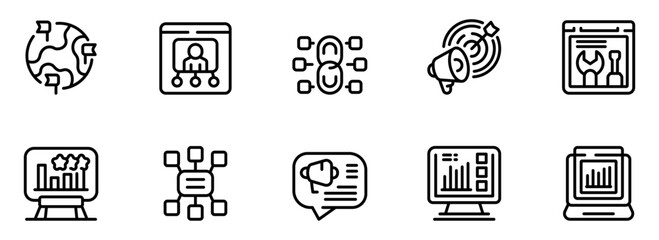 Modern Line Icons: Global Marketing, Networking, Data Analytics, and Targeted Advertising Strategy for Business Success.