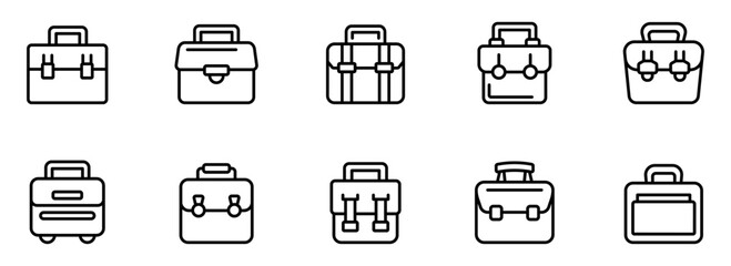 Ten Outline Style Briefcase Icons:  Professional, Minimalist, Business, Travel, and Office Bag Illustrations for Website or App Design.